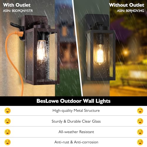 Image of BesLowe Porch Lights with Outlet, Brown Modern Outdoor Wall Light Fixtures | UL-Listed Extra Power Socket, Waterproof, Rust-Resistant, Durable Metal with Clear Glass, Easy to Install