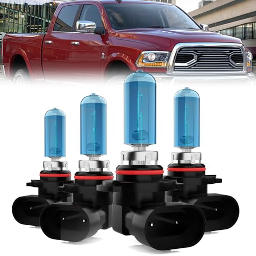 Image of Halogen Headlight Bulbs Compatible With Dodge Ram with projector 1500 2500 3500 2016-2020,9005 /H10 /HB3 + 9005 /H10 /HB3 High Low Beam Halogen Light Bulb,Super Bright 6000K White,Pack of 4