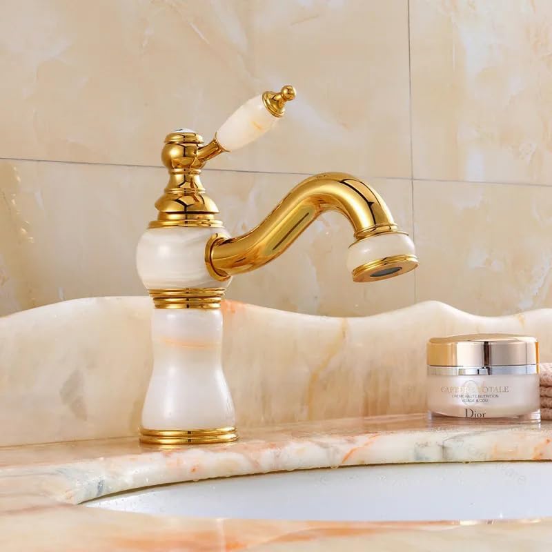 Grifo retro de mármol blanco pequeño – grifo de baño – latón pulido con piezas de mármol