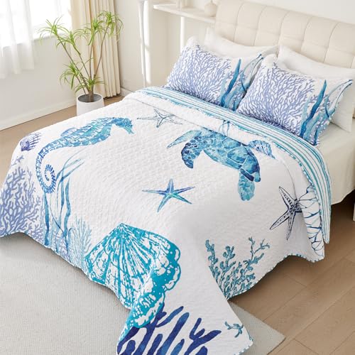 Evenhug Coastal Quilt Set Queen Size Reversible Summer Ocean Beach Themed Bedding With Pillow Shams Lightweight Blue Nautical Coral Seahorse Bedspread Coverlet For All Season 3 Piece thumb #1