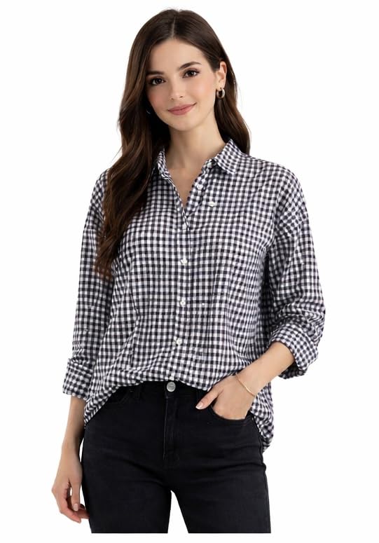 Women's Black and White Checkered Cotton Shirt, Regular Fit Casual 3/4 Sleeve Office-picture-42