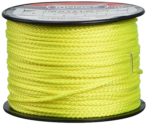 Connex Maurerschnur gelb - 100 m Länge - Ø 1,2 mm - Polyester geflochten - Knotenfest - Reißfest & Belastbar - Auf Spule / Richtschnur / Bauschnur / Lotschnur / Pflasterschnur / COX781562