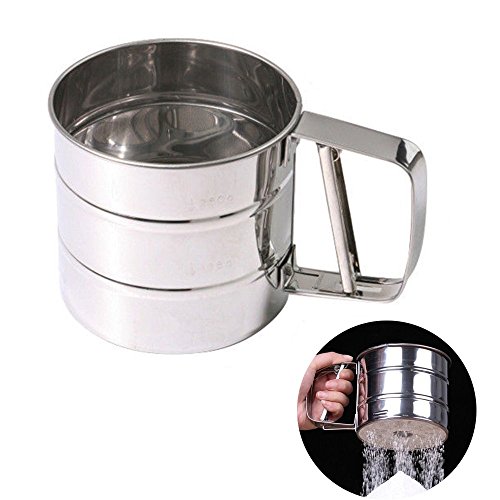 MENGCORE Baking Stainless Steel Shaker Sieve Cup Mesh Crank Flour Sifter with Measuring Scale Mark for Flour Icing Sugar