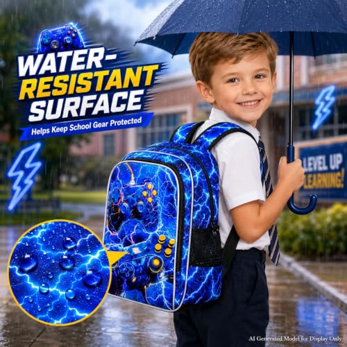 Image of 17 inch Gamer Backpack, Boys Lightning Kids Bookbag with Lunch Box, 3Pcs School Backpacks for Elementary Preschool Kindergarten (Blue)