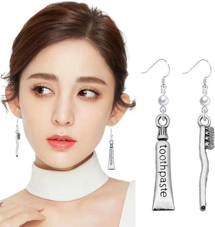Dreuyet Toothbrush and Toothpaste Pearl Earrings for Women Dental Teeth Tools Dangle Drop Tooth Earrings — view 3
