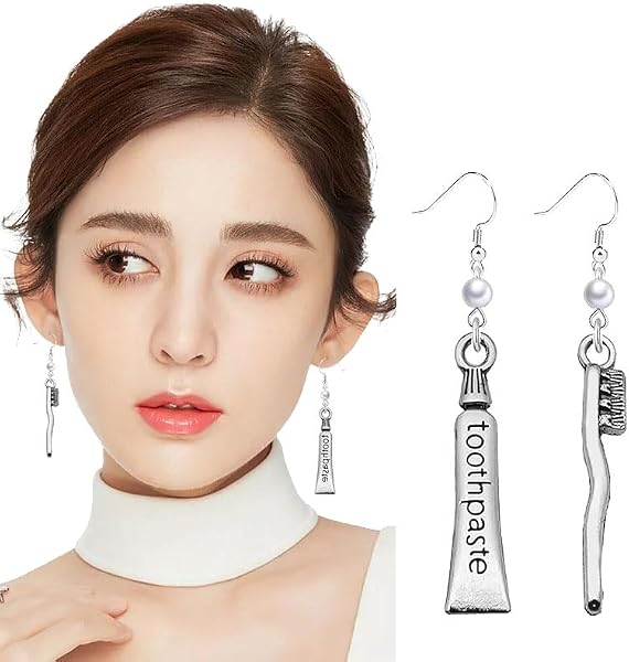 Dreuyet Toothbrush and Toothpaste Pearl Earrings for Women Dental Teeth Tools Dangle Drop Tooth Earrings - 3