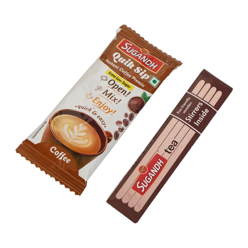 Image of Sugandh Quik Sip Instant Coffee Premix (Pack of 2) Extra Low Sugar- Single Serve Sachets - Unit Count: 2 Boxes of 10 Sachets each, Medium Roast
