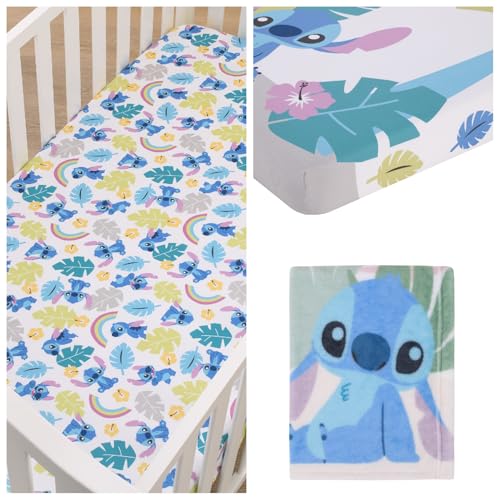 Image of Disney Stitch Ohana Baby Gift Set – 2 Fitted Crib Sheets & Super Soft Photo Op Blanket in Blue, Teal, Lime & Lavender