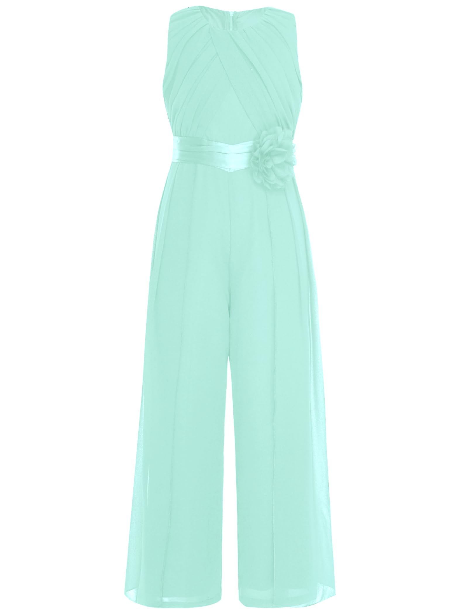 Mädchen Jumpsuit Festlich Overall Elegant Hosenanzug mit Blumen Taillengürtel Weites Bein Hose Festlich Hochzeit Geburtstag Party Outfits Minzgrün 146-152