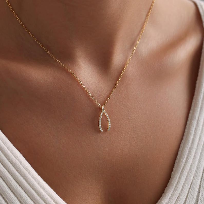 LIU JUN WishBone Necklace For Women, 14K Gold Plated Stack Two Layer Chain Make A Wish And Put On Your Good Luck Cubic Zirconia Inspirational Jewelry Gift - Image 3