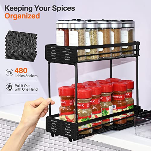 Xpatee Pull Out Spice Rack Organizer For Cabinet With 480 Labels, 2-Tier Heavy Duty Slide Out Seasoning Organizer For Kitchen Cabinets, Sliding Kitchen Cabinet Organizer 4.6" W X10.3 D X9 H #TOP4