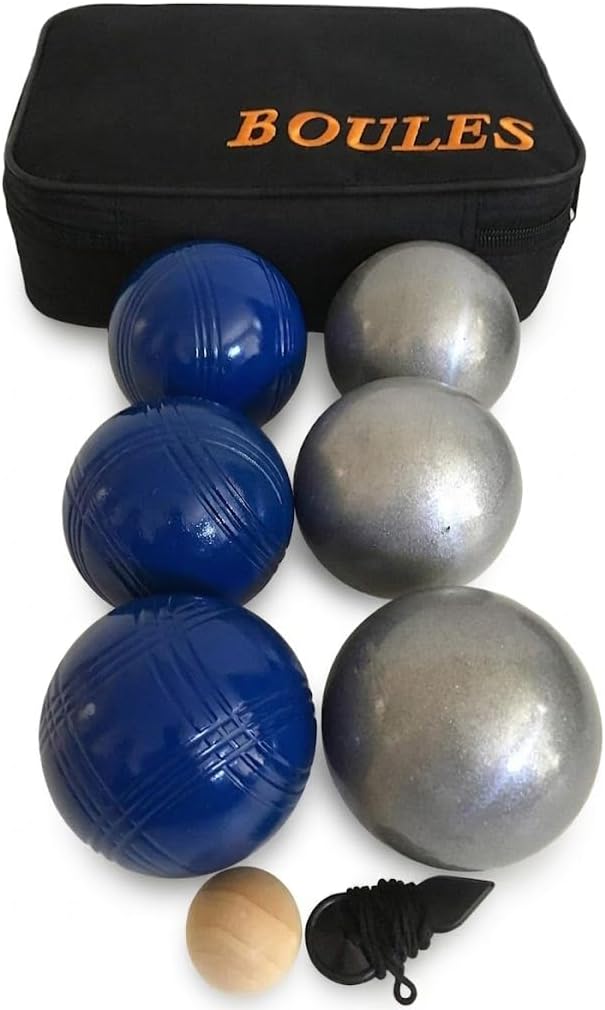 BuyBocceBalls Listing -73mm Metal Petanque/Boules 6 Ball Set with 3 Plain Grind Sand and 3 Blue Balls and Black Bag