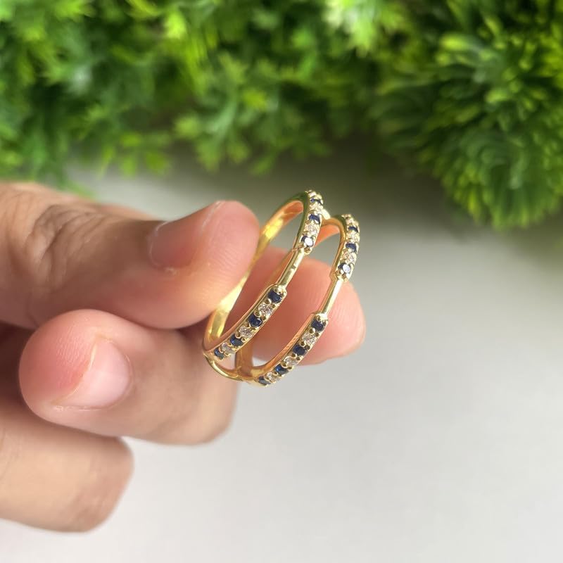 Blue Sapphire & White Diamond Enhancer Guard For Women, 14k Gold Plated Silver September Birthstone Sapphire Wrap Ring, Enhancer Ring Guard