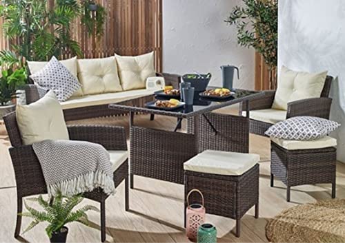 Image of DEVOKO Outdoor 6 Piece All Weather Resistant Rattan Dining Conversation Sectional Patio Set with Table & Ottomans for Porch, Garden (Dark Brown and Cream)