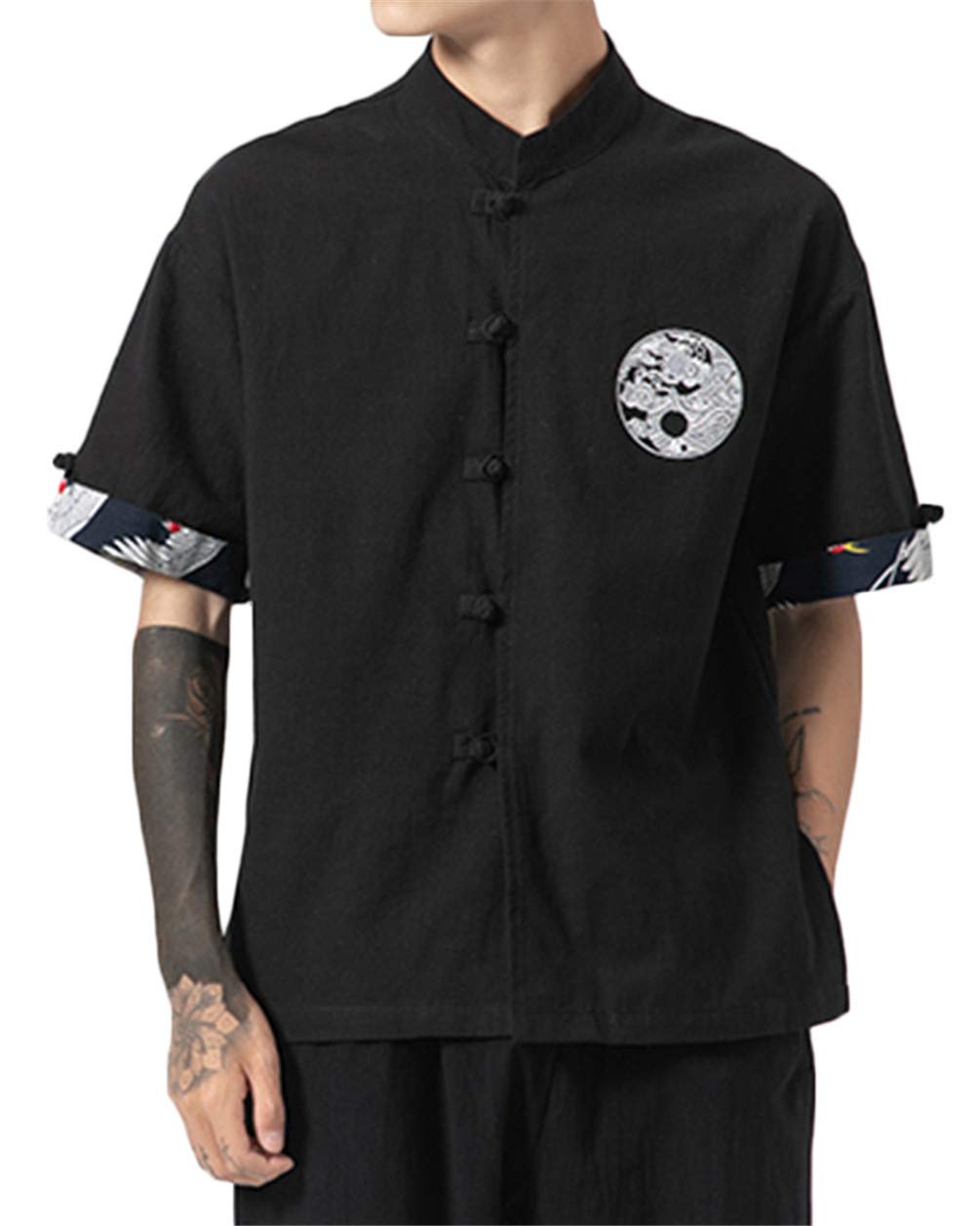GUOCU Hombres Camisa Japonés Cardigan Yukata Estilo Kimono con Bordado Vintage Holgado Casual Camiseta con Hebilla