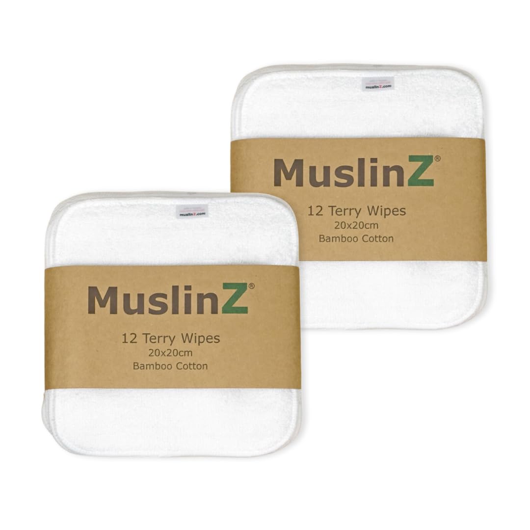 MuslinZ 24PK Wipes Bamboo Cotton Terry Wipes 20x20 cms Wash Cloth Washable reuseable Baby Wipes (White)