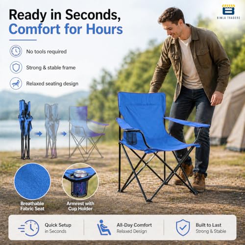 Image of BTAG Foldable Camping Chair with Armrest & Cup Holder, Portable Outdoor Chair with Carry Bag for Camping, Picnic, Fishing & Travel - Blue