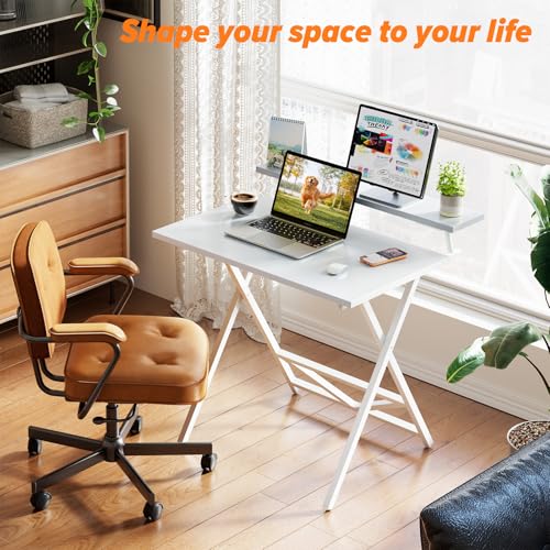 Image of WOHOMO Folding Computer Desk with Adjustable Height, 23.6 inch x 31.5 inch x 25.6 inch Foldable Table with Monitor Stand, Small Office Desk for Bedroom, Space Saving Desk for Home Office, Easy Assemble, White