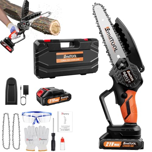 Sierra de cadena a batería de 21 V con batería, 2 cadenas, 6 pulgadas, naranja, motosierra eléctrica con una sola mano, con cerradura de seguridad para jardinería, poda de árboles, corte de