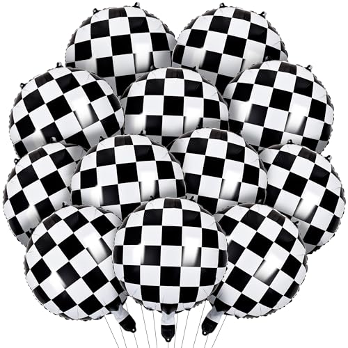 12 Pcs Checkered Balloons 18 Inch Black and White Checkered Flag Foil Mylar Balloons for Racing Party Decorations Race Car Birthday 50s Diner Chess Game Night