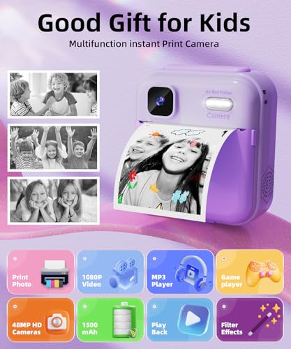 Image of Kids Camera Instant Print for Boys and Girls, 48MP HD Cameras w /1080P Video, Print Paper, 32GB Card, Brush, Christmas Birthday Gifts Toys for Toddler and Teenagers Age 3-16 Years Old (Purple)