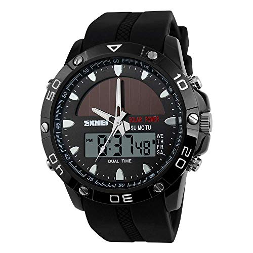 AZPINGPAN Montre électronique Solaire, Montre pour Homme chronographe, Montres de Sport de Mode imperméables, Montres habillées, pointeur Double Affichage numérique/Lumineux/Alarme/Heure GMT