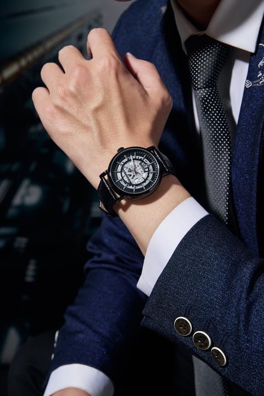 Image of Giordano Analog Quartz Watch for Men with Skeleton Round Dial, Date Function, Luminous Hands and Markers, Leather & Stainless Steel Strap - GZ-50182