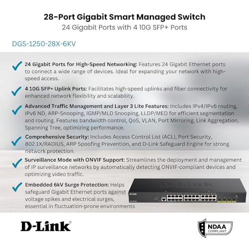 Image of D-Link 28-Port Gigabit Smart Managed Switch | 24 Gigabit Ports + 4 10G SFP+ Ports| L2+ /L3 Lite |VLANs |Web Managed |Surveillance Mode | Rackmount | NDAA Compliant (DGS-1250-28X-6KV)