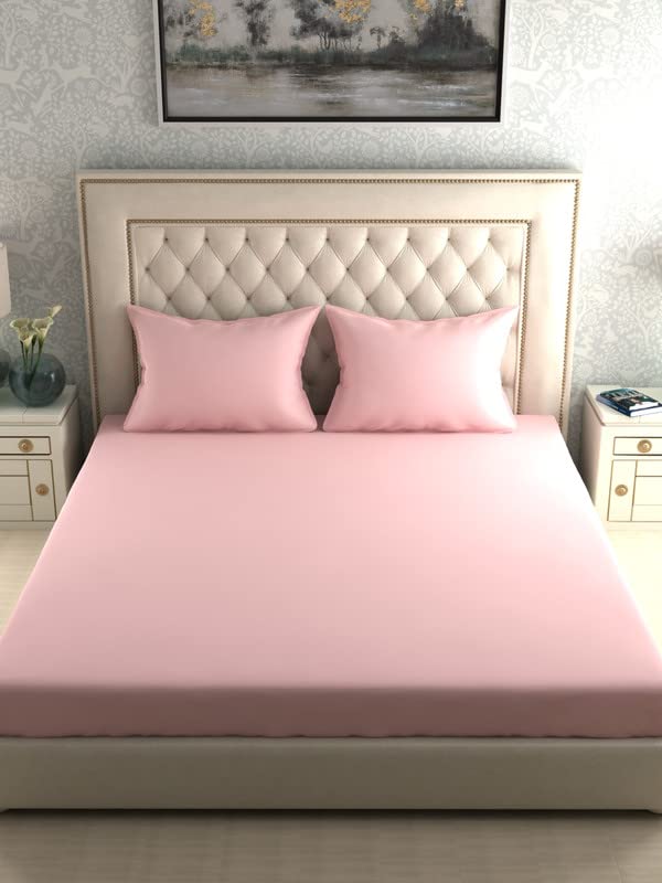 Raymond Home Queen Size Fitted Sheet Super Soft 210 TC Satin Pure Cotton (160x200+30 cm, 50x75 cm) Fitted sheet & 2 PillowCases| Light Pink