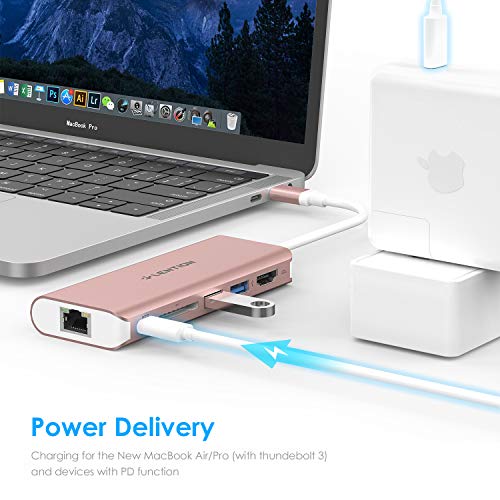 Image of LENTION USB-C Digital AV Multiport Hub with 4K HDMI, 2 USB 3.0, SD Card Reader, Type C Charging and Gigabit Ethernet Adapter for 2016 2017 MacBook Pro 13 15, MacBook 12, Dell XPS, More (Rose Gold)