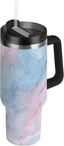 Peach and Light Blue Marble Texture Vacuum Reusable Kids Water Bottles with Lid and Straw Decorative Coffee Travel Mug 40 Oz for School, Sports,