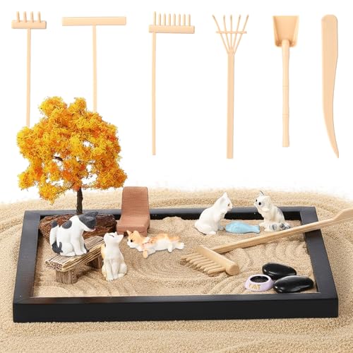 Teyva Daily 19 Pcs Miniature Zen Garden for Desk Cat Themed Sand Tray Therapy Kit with 8.4 x 6.8 Sandbox & 6 Rakes, 12 Accessories Office Decor Relaxation Mindfulness Gift for Cat Lovers Women