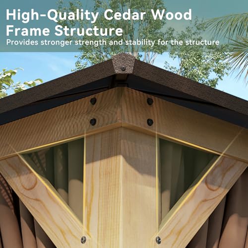 Image of Aoxun 12' x 20' Outdoor Wood Gazebo with Double Polycarbonate Top, Hardtop Gazebo Permanent Wooden Pavilion with Breathable Netting and Privacy Curtain for Patio, Garden, Deck, Cedar Wood, Natural