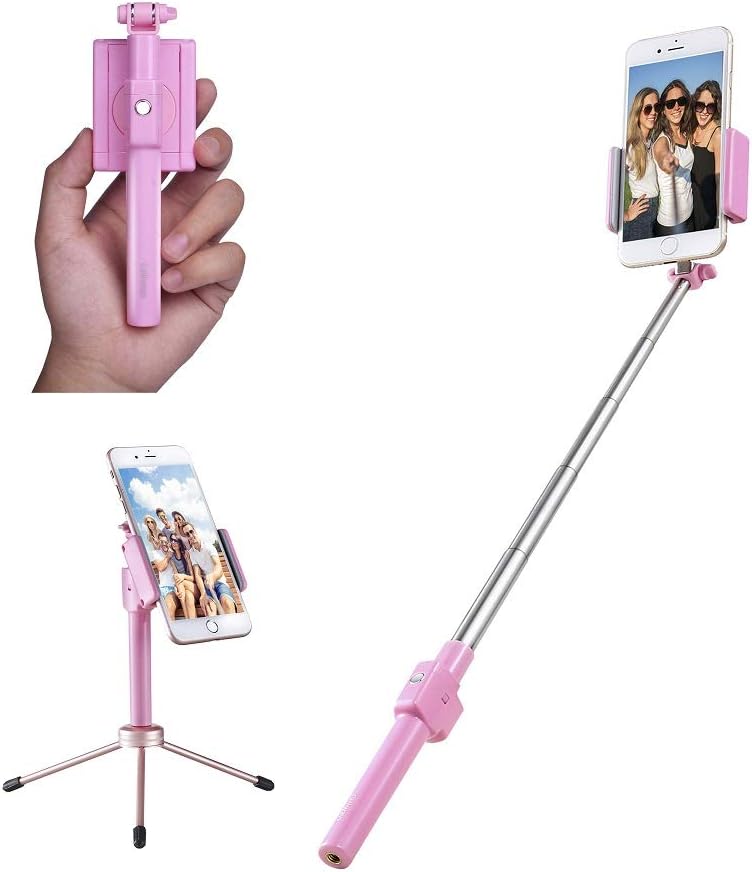 Mini Selfie Stick Tripod, Extendable Phone Selfie Stick with Built-in Wireless Remote and Detachable Mini Tripod Stand, for iPhone 11 Pro Max/ 11 Pro/11/XS, Galaxy Note 10 Plus/ S10 Plus, More (Pink)