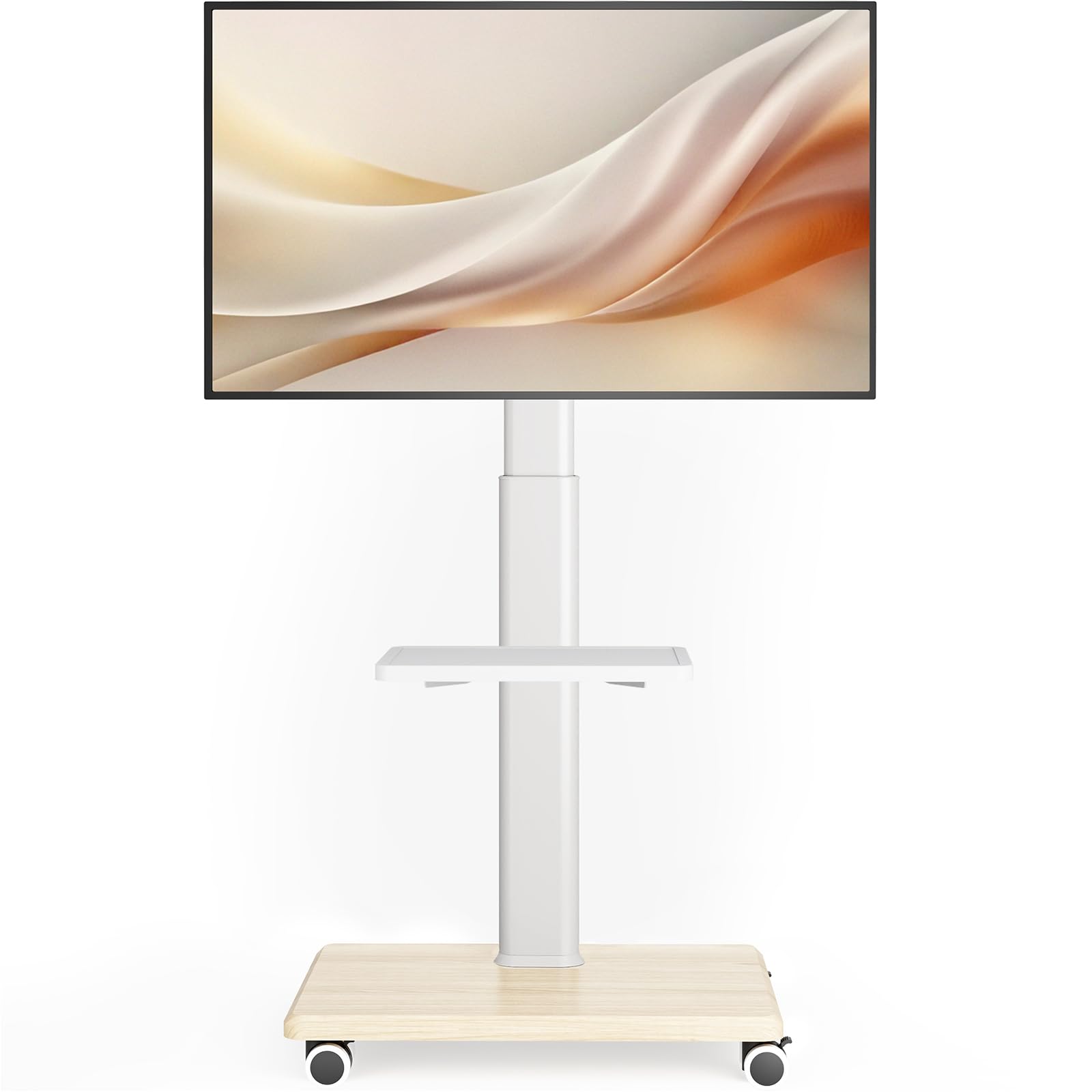 scaffale tv mobile con ruote in bianco e legno