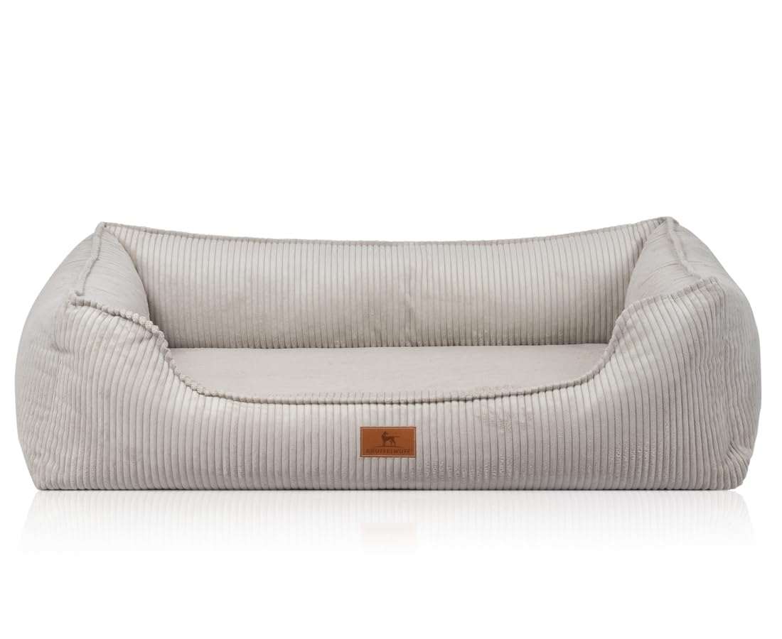 Knuffelwuff Nunavut Orthopädisches Hundebett aus Cord mit handgewebtem Charakter XXL 120 x 85 cm Hellgrau – Abnehmbarer Bezug – waschbar – für große, mittlere und kleine Hunde