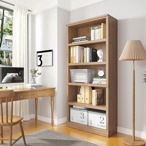 70 in Tall Bookcase, White Bookshelf Open Storage 5-Tier Shelves, 33 inch Wide Floor Standing Indoor Furniture, Book Cases for Home School Library Office Bedroom Kids, Oak 5 Tiers - Image 6