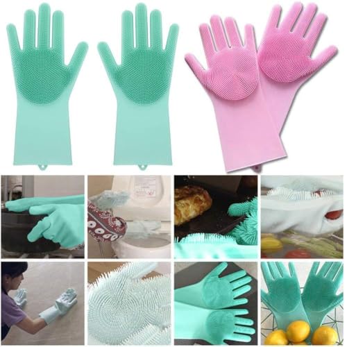 Image of Magic Silicone Dishwashing Gloves with Scrubber Bristles Pink