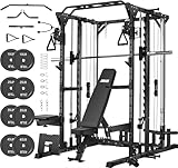 JEEKEE Power Cage with Smith Machine, 2000lbs Multi-Function Power Rack with Cable Crossover System,Squat Rack with Bench and 230LB Black Olympic Weight Plates