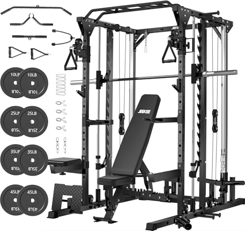 JEEKEE Power Cage with Smith Machine, 2000lbs Multi-Function Power Rack with Cable Crossover System,Squat Rack with Bench and 230LB Black Olympic Weight Plates
