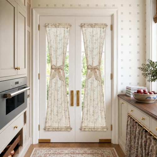 Image of jinchan Taupe Linen Floral French Door Curtains 72 Inch Rod Pocket 2 Panels