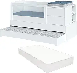 Berço Multifuncional com Cômoda Acoplada e Cama Auxiliar Colchão Padrão Americano Sol e Mar Transformável em Cama de Solteiro e Escrivaninha MDF e Laca UV Divicar (Branco)