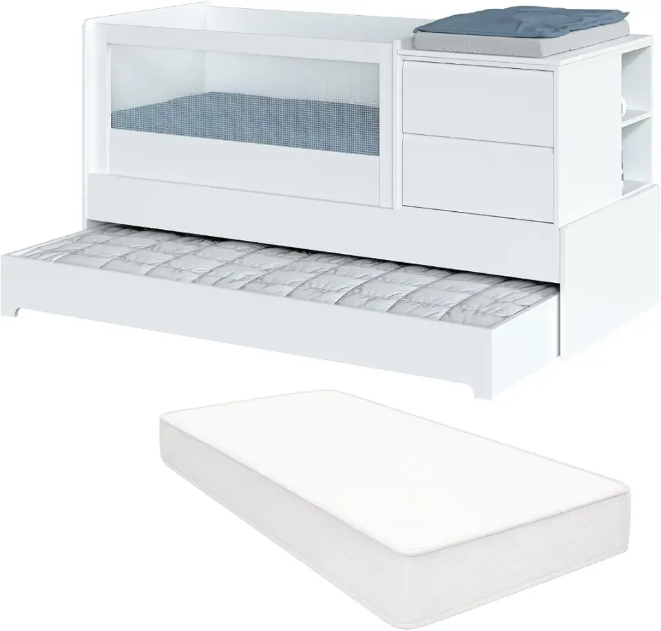 Berço Multifuncional com Cômoda Acoplada e Cama Auxiliar Colchão Padrão Americano Sol e Mar Transformável em Cama de Solteiro e Escrivaninha MDF e Laca UV Divicar (Branco)