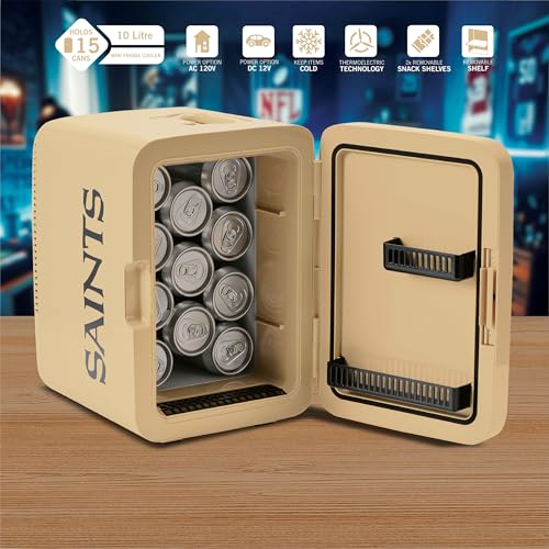 Image of Ukonic NFL New Orleans Saints 15-Can Mini Fridge 10L - AC /DC Powered, Official Team Colors & Logo, Portable Cooler for Tailgates, Home, Office, or Car
