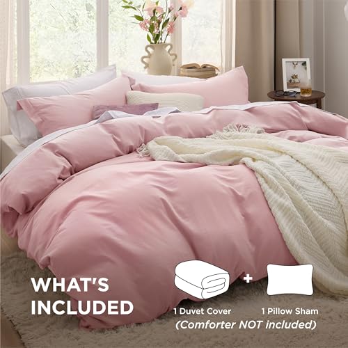 Image of Bedsure Pink Duvet Cover Twin /Twin XL Size - 2 Pieces Prewashed Cotton-Like Extra Soft Bedding Set, Includes 1 Twin Duvet Cover 68x90 Inches with Zipper Closure & 1 Pillow Sham, No Comforter