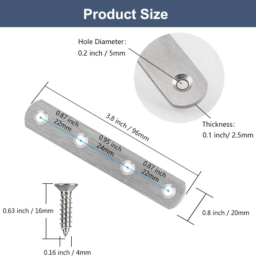 8 Pack Flat Straight Brace Brackets 4 Inch Stainless Steel Mending Plates Repair Fixing Brackets Heavy Duty Straight Repair Joining Plates with Screws