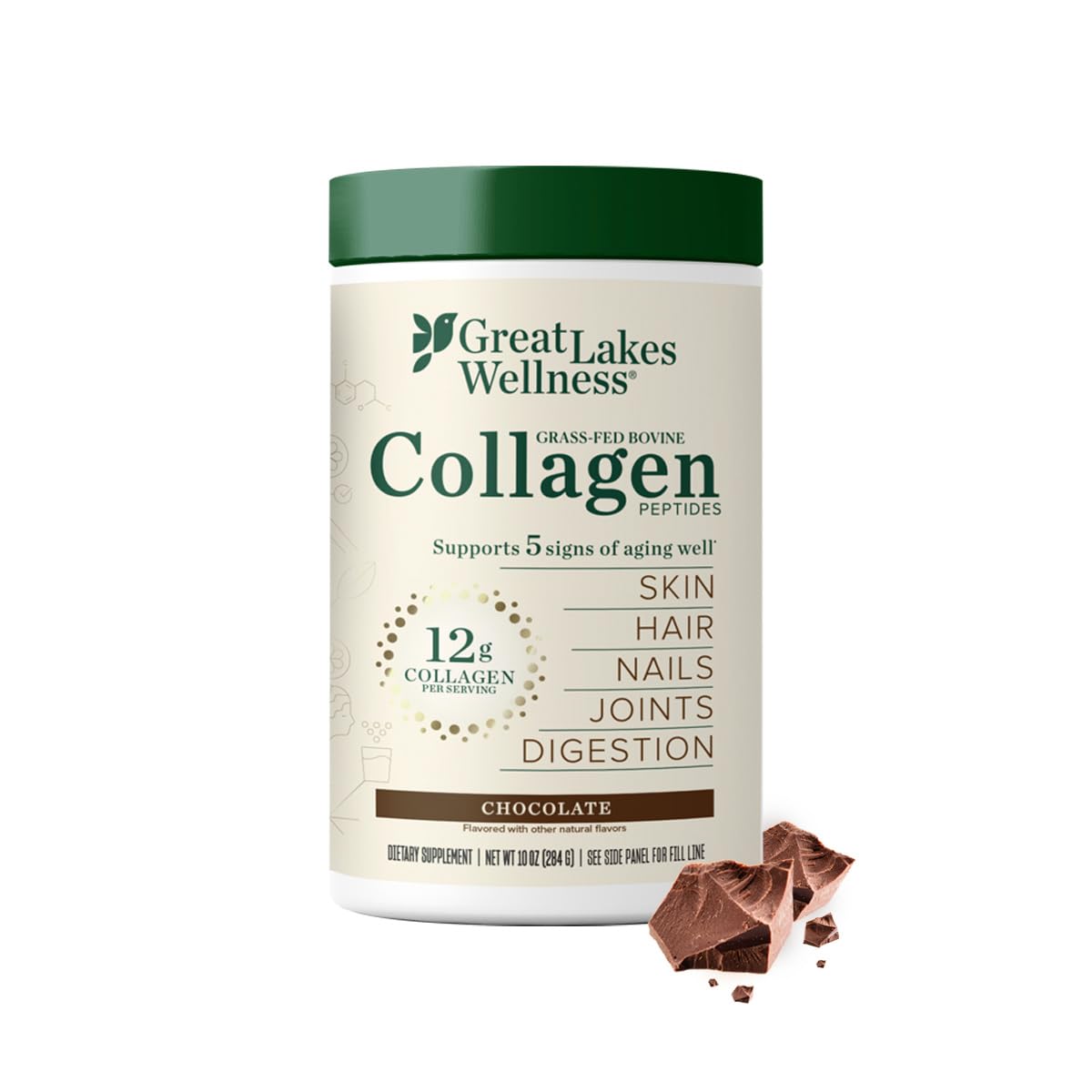 Great Lakes WellnessCollagen Peptides Powder for Skin, Hair, Nails, Joints & Digestion - Chocolate Flavored - Quick Dissolve Hydrolyzed, Non-GMO, Kosher - 10 oz