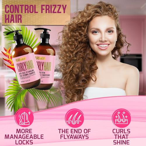 Image of Curly Hair Shampoo and Conditioner Set - Sulfate Free and Color Safe - For Wavy, Frizzy, Fine, Black and Permed Styles - Moisturizing for Men and Women - Deep Curl Hydrating Products with Argan Oil