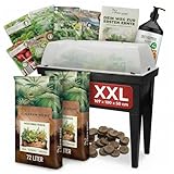 Green Home Hochbeet Set XXL 107 x 100 x 50 cm Balkon-Hochbeet mit Abdeckung als Frühbeet nutzbar inklusive Saatgut und Dünger Pflanzkasten aus Kunststoff für Kräuter und Gemüse
