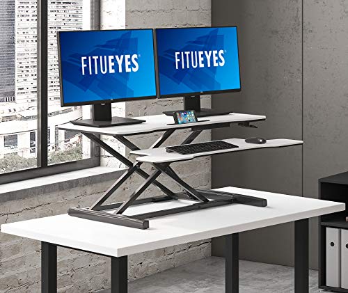 Image of FITUEYES Height Adjustable Standing Desk 36 inch Wide Sit to Stand Converter Stand Up Desk Tabletop Workstation for Laptops Dual Monitor Riser White SD309103WW